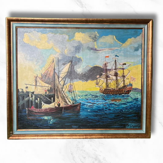 Tableau, peinture, peinture à l’huile, bateau, bateaux, port, marins, mer, art, œuvre d’art, brocante, vide grenier, antiquité