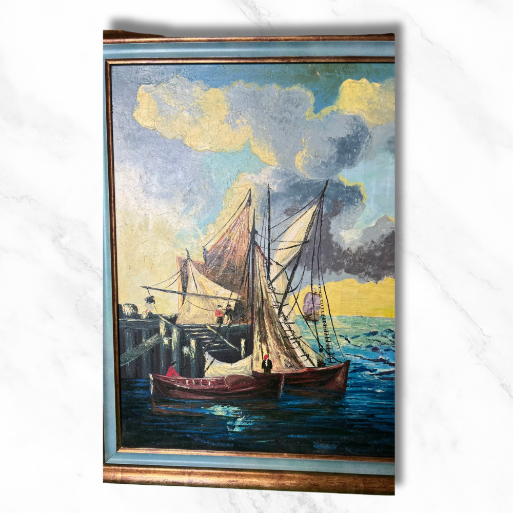 Tableau, peinture, peinture à l’huile, bateau, bateaux, port, marins, mer, art, œuvre d’art, brocante, vide grenier, antiquité