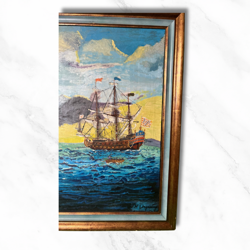 Tableau, peinture, peinture à l’huile, bateau, bateaux, port, marins, mer, art, œuvre d’art, brocante, vide grenier, antiquité