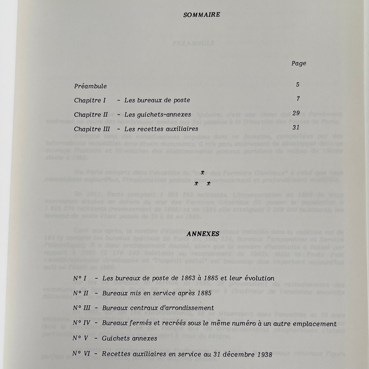 Page du sommaire détaillant les chapitres et annexes sur l'évolution des bureaux de poste
