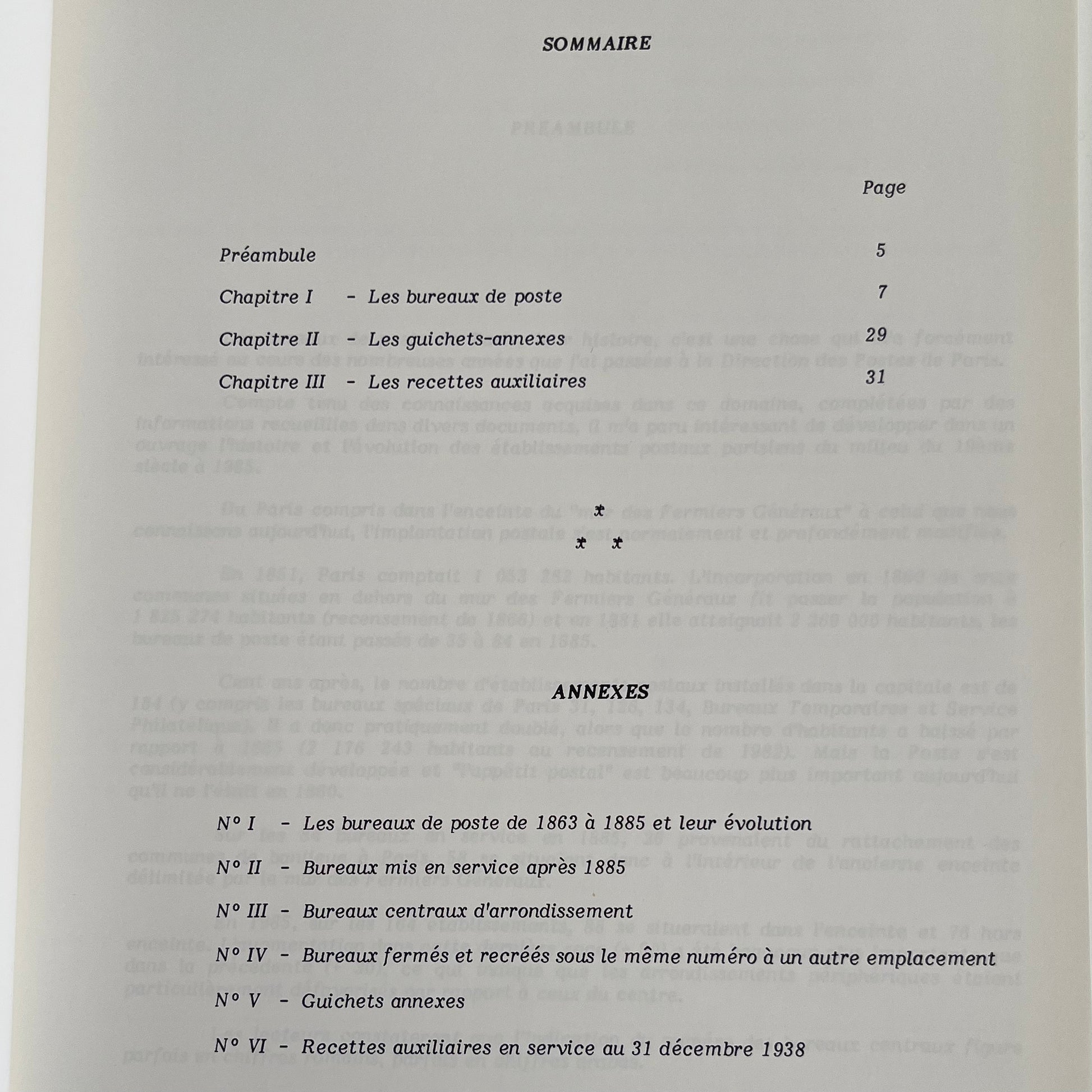 Page du sommaire détaillant les chapitres et annexes sur l'évolution des bureaux de poste